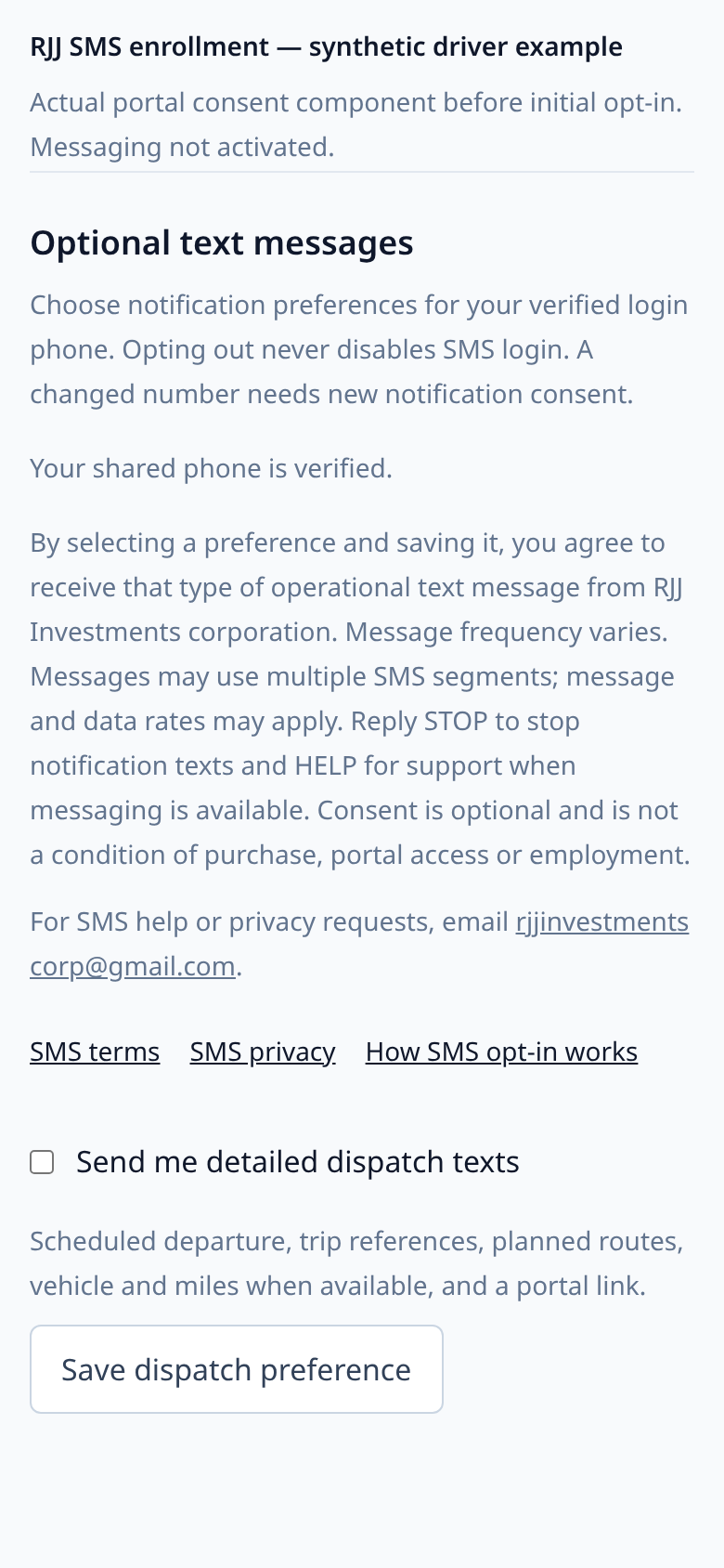 Actual RJJ driver consent component with an unchecked detailed dispatch checkbox, disclosures, policy links and Save dispatch preference button.