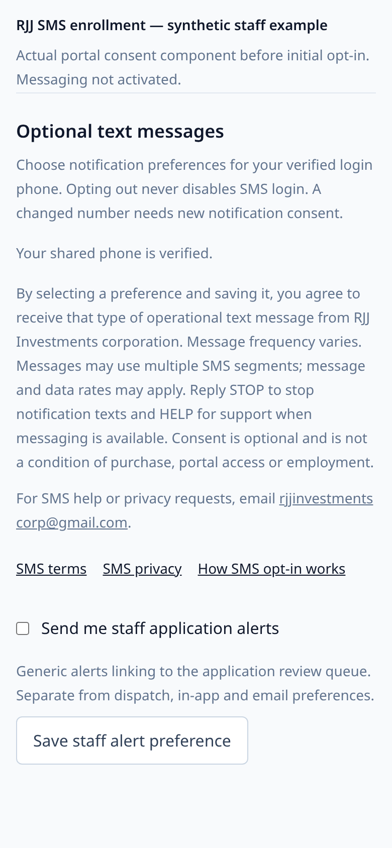 Actual RJJ staff consent component with an unchecked application-alert checkbox, disclosures, policy links and Save staff alert preference button.